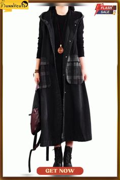 Casual Black Hooded Pockets Patchwork Long Denim Vest Sleeveless Long Denim Vest, Linen Maxi Dress, Comfortable Room, Casual Black, Cup Size, Denim Outfit, Fall Winter Outfits, Denim Vest, Casual Fall