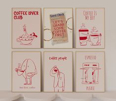 four coffee themed posters on the wall