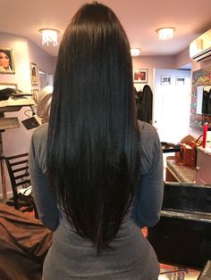 Long Hair, Stunning Transformation: V Shape Haircut Ideas - Pinterest Favorites Soft V Haircut Long, Long Black Hair Balayage Straight, Long Black Hair Extensions Styles, V Shape Long Hair, Long V Cut Hair, Long Layers V Cut, Long Straight Dark Brown Hair, V Haircut For Long Hair, V Haircut