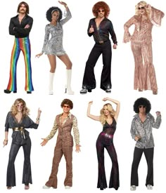 several women dressed in disco outfits posing for the camera with their arms up and hands on hips