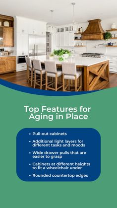 a kitchen with white cabinets and wooden floors is featured in this brochure for the top features for aging in place