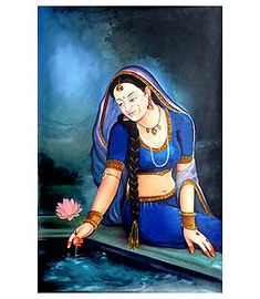 a painting of a woman sitting on a dock with a flower in her hand framed print