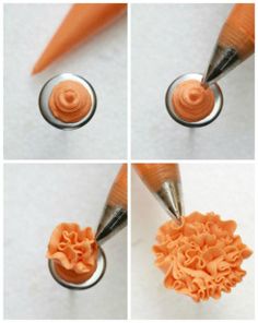 four pictures showing how to make an orange fondant cake