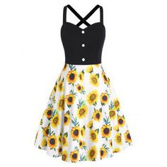 A Line Mini Dress, High Waisted Dress, Casual Wear Women, Date Dresses, Vestidos Vintage, Sunflower Print