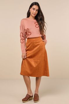 The Lost + Wonder Amore Rust Brown Suede High-Rise Midi Skirt will be loved by you and all who see it! Soft faux suede shapes this stylish skirt that features a high, banded waist and a classic A-line silhouette with decorative welt pockets at the back and seam detailing across the front that creates a panel-like design. Chic raw midi hem completes the perfect look. Exposed silver zipper at the back. Fit: This garment fits true to size. Length: Mid-calf length. Size medium Waist: Fitted - very f Stylish Skirts, Suede Mini Skirt, Silver Zipper, Bottom Clothes, Brown Suede, Mid Calf, See It, Faux Suede, Apparel Accessories