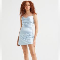 Short, Sleeveless Dress In Shiny Jersey With A Fitted Bodice And Gently Flared Skirt. Narrow Shoulder Straps Crossed At Back, Threaded Through Sides And Tied Across Back. Gently Draped Neckline, Open Back, And Seam At Waist. Unlined. This Item Is Brand New With Tags! I Missed The Return Window And Live Too Far From An H&M To Exchange It For Something Else. This Dress Is So Cute But It Showed Too Much Skin For My Comfort Level. Light Blue Fitted Sleeveless Slip Dress, Light Blue Sleeveless Satin Mini Dress, Blue Sleeveless H&m Dresses, Fitted Blue H&m Dress, Chic Light Blue Sleeveless Slip Dress, H&m Sleeveless Mini Dress For Party, Chic Blue Dress By H&m, H&m Blue Mini Length Dresses, H&m Blue Sleeveless Dress