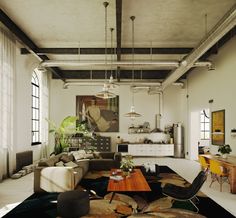 a living room filled with lots of furniture and decor on top of carpeted flooring