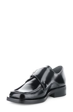 Sharpen workwear with this classic-goes-modern loafer that's structured with an elastic-loaded monk strap and square moc toe. 1 1/4" heel; 1/2" platform Adjustable strap with buckle closure; hidden elastic inset Memory foam cushioning Leather upper/textile lining/rubber sole Made in Portugal Formal Fitted Leather Slip-ons, Elegant Fitted Moccasins For Formal Occasions, Fitted Patent Leather Slip-on Loafers, Fitted Patent Leather Loafers With Plain Toe, Designer Square Toe Loafers For Business, Modern Slip-on Leather Shoes For Formal Occasions, Modern Formal Loafers With Leather Sole, Classic Leather Fitted Slip-ons, Modern Slip-on Leather Shoes For Business