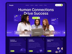 the web page for human connections drive success, with three women looking at a laptop