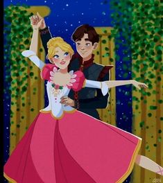 a man and woman dressed up as princesses dancing in front of the night sky