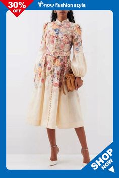 Multicolor Casual Floral Print Mandarin Collar Lantern Sleeve With Belt Vacation Midi Dresses Mandarin Collar Dress, Dress With Floral Print, Patterned Midi Dress, Lantern Sleeve, Lantern Sleeves, Waist Dress, Collar Dress, Mandarin Collar, Midi Dresses