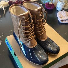 Women’s Jbu Waterproof Duck Boots In Navy With Brown Leather Uppers And Faux Fur Lines Insides. Super Comfy And Warm. Practically Brand New In Box. Velvet Heart, Duck Boots, Winter Rain, Shoes Women, Blue Brown, Rain Boots, Brown Leather, Faux Fur, Leather Upper