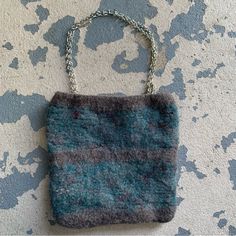 Handmade Felted Bag With Chain Strap And Floral Inside Lining. Brand New! Artisan Made. Body: 9.5x 9.5 Inches Strap: 20 Inches Blue Square Bag With Chain Strap, Blue Tote Shoulder Bag With Chain Strap, Gray Chain Strap Bag For Everyday, Blue Rectangular Upcycled Shoulder Bag, Blue Bag With Chain Strap For Everyday Use, Everyday Blue Bags With Chain Strap, Felted Bag, Wet Felting Projects, Bag With Chain