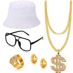 PRICES MAY VARY. Dollar sign ring: the dollar sign ring is made of stainless steel plated in gold color; And the ring and necklace are studded with faux diamonds; Size: 0.75 inch in diameter White bucket hat: the bucket hat is made of cotton material, comfortable for you to wear even for a whole day, it is washable and foldable, easily packed inside suitcase, tote or bag; Size: approx. 58 - 60 cm/ 22.83 - 23.62 inch, adult size Dollar necklace chain: the necklace is made of stainless steel plate 90s Hip Hop Costume, Inside Suitcase, 90s Dress Up, Hip Hop Costumes, White Bucket Hat, 80s Sunglasses, Rapper Outfits, Dollar Sign, Funny Costumes