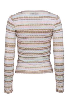 Stay oh-so cozy and stylish this spring in this beautiful pastel Missoni cardigan. Crafted with detailed stripes in beige, mint, gold, and pink, this cardigan will be a perfect addition to any wardrobe! Size 2 Made in Italy 51% Viscose, 39% Cotton, 6% Polyamide, 4% Polyester Unlined Button front cardigan Ribbed knit Bust 32" Waist 26" Shoulder to hem 20.5" Sleeve length 24.5" Chic Striped Sweater For Spring, Fine Knit Striped Tops For Spring, Pastel Long Sleeve Tops For Spring, Chic Striped Cardigan For Spring, Striped Textured Knit Sweater For Spring, Striped Fine Knit Sweater For Spring, Trendy Pastel Sweater For Spring, Striped Cardigan For Spring Layering, Spring Striped Cardigan For Layering