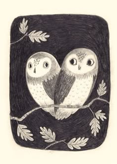 two owls sitting on top of a tree branch with leaves around their necks and eyes