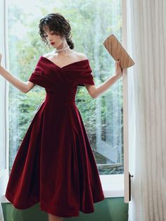 Burgundy velvet short prom dress homecoming dress Tea Length Homecoming Dresses, Maternity Evening Dress, Off Shoulder Evening Dress, Strapless Party Dress, 파티 드레스, Red Dresses Classy, Red Prom, Short Prom Dress, Fancy Jewellery