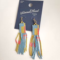 New With Tag Trendy Blue Beaded Earrings For Summer, Trendy Blue Beaded Earrings, Casual Blue Earrings For Spring, Everyday Blue Jewelry For Spring, Red Bead Earrings, Black And White Earrings, Beading Inspiration, Thread Jewellery, Thread Earrings