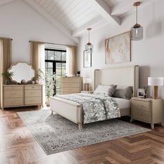 a bedroom with white walls and wooden floors, an area rug on the hardwood floor