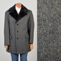 This listing is for a really great thick gray coat (feels like wool) with three buttons down the front and two jetted pockets at the hips. It is a shorter length and has a wide and short lapel. There is plush black faux fur shearling lining and around the collar, making it super warm and durable in the colder months.  Condition: Excellent Condition Details: No notable flaws Size Marked: 44 Approximate Size: Large **Please Check Measurements to be Sure! Textile: 100% Wool Lining Type: Fully Lined Closure: Three Button Front Label: Van Heusen Era: 1970s Measurements- Shoulder to Shoulder:  120.5" Shoulder to Cuff:  24.5" Chest/Bust:  49" Waist:  48" Hips:  50" Length:  34.75" All measurements taken with garment flat and doubled when necessary.  **New listing every week. Come back often to se Gray Wool Coat With Button Closure, Classic Gray Wool Coat For Winter, Vintage Gray Wool Outerwear, Gray Single Breasted Vintage Outerwear, Vintage Gray Single-breasted Outerwear, Gray Single-breasted Vintage Outerwear, Gray Vintage Single-breasted Outerwear, Vintage Gray Outerwear With Buttons, Long Wool Fur Coat For Cold Weather