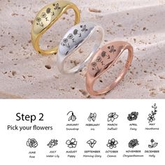 Introduce the Birth flower ring, which is a unique style and design. The birth flowers from January to December symbolize the month of your birth. You can choose 1-4 birth flowers to represent your family, friends, or pets. This is a ring with nostalgic memories. It is very suitable for people of all ages. Wearing it seems to be accompanied by the person you love the most, without feeling lonely. I hope you can find personalized jewelry that suits you. Material: High Quality 925 Silver Color: Silver, Gold, Rose Gold Number of Birth flower: 1*4 Note:  Please remove the ring when doing household chores, bathing, and sports to avoid contamination with oil, sweat, chemicals, and other stains. Try to avoid putting them together with other jewelry, as various gemstones and metals have different Birth Flower Ring For Promise, Birth Flower Jewelry For Anniversary, Birth Flower Jewelry For Anniversary Gift, Anniversary Sterling Silver Flower Ring For Mother's Day, Dainty Promise Flower Ring With Birth Flower, Silver Flower Promise Ring For Mother's Day, Engraved Flower Ring For Wedding, Dainty Birth Flower Promise Ring, Birth Flower Shaped Promise Ring