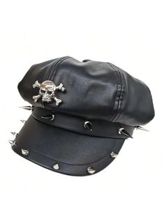 Punk Street Style PU Leather Octagonal Hat: A Cool Addition to Your Da Black Punk Hat For Cosplay, Winter Festival Punk Style Hat, Punk Winter Hat For Festivals, Punk Style Winter Hats For Festival, Punk Style Brimmed Winter Hat, Punk Brimmed Winter Hats, Punk Halloween Streetwear Hat, Punk Brimmed Hats For Cosplay, Punk Brimmed Hat For Alternative Fashion