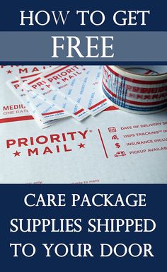 a package with the words how to get free care package supplies shipped to your door