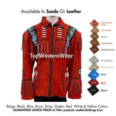 Men's Eagle Beaded Leather Jacket | Native American Indian | Western Cowboy | Powwow Regalia | Reddish Suede | Handmade Step into a retro realm with our Western Native American Cowboy Cowhide Suede Leather Jacket--a stunning fusion of vintage charm and Western-inspired elegance. This distinctive piece pays homage to the iconic styles of the 1980s, adorned with exquisite fringes, bones, Native Indian seeds beads medallions, and patches that showcase a rich tapestry of heritage and artistry. 𝙎𝙋? Fitted Red Outerwear For Festival, Traditional Red Outerwear For Fall, Indian Jackets, Powwow Regalia, American Cowboy, Cowboy Jacket, Fringe Leather Jacket, Yellow Decor, Western Jacket