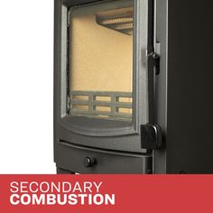 an image of a black stove with the words secondary combusttion written below it