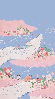 a polar bear floating in the sky with flowers