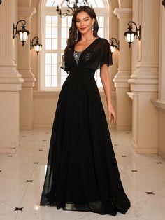 Contrast Sequin Flounce Sleeve Chiffon Formal Dress Black Elegant Prom Evening Wedding Guest Gown, For Graduation, Dinner Black   Short Sleeve Chiffon Plain A Line Non-Stretch  Weddings & Events, size features are:Bust: ,Length: ,Sleeve Length: Black Floor-length Wedding Dress For Formal Occasion, Black A-line Chiffon Dress For Party, Elegant Black A-line Chiffon Dress, Elegant Black Chiffon Dress With V-neck, Black A-line Chiffon Maxi Dress, Black Chiffon Dress, Wedding Guest Gowns, Fitted Gowns, Short Noir