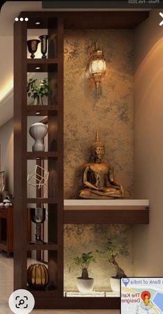 an image of a room with shelves and buddha statue on the shelf in front of it