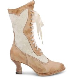 Tawny leather and white lace come together to create the Abigale Victorian Inspired Boots in Bone Rustic - a luxe, ladylike shoe that is inspired by authentic Victorian footwear. Perfect for garden parties, vintage-inspired weddings, and other upscale events, you’ll be simply captivated by their enduring sense of style. Fabric Rich, hand finished vegetable tanned leather. Goodyear welted leather outsole, leather wrapped heel. Lace inlay, w/ satin laces, and speed lace hooks, a second set of lace