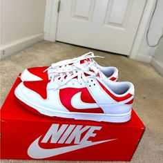 Low Fire Red Dunks May Be Worn Two Or Three Times It Is A Size 9.5 In Men And A 11 In Women’s Still Still Good And It Comes With The Box Red Slip-on Custom Sneakers For Sports, Red Sneakers With Branded Heel Counter And Round Toe, Nike Red Custom Sneakers With Boost Midsole, Red Casual Sneakers, Red Nike Slip-on Sneakers, Nike Red Sneakers With Red Sole, Nike Red Slip-on Sneakers, Low-top Sneakers With Red Accents And Sole, Nike Red Low-top Sneakers