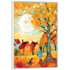 a painting of a girl and her cat in front of a tree with pumpkins