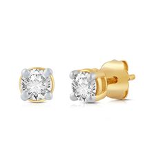 Jewelili Solitaire Stud Earrings with Diamonds in 14K Yellow Gold 1/5 CTTW View 1 Diamond Cut Yellow Gold Earrings As Gift, Classic Gold Diamond Earrings As Gift, Classic Gold Diamond Earrings For Gift, Gold Diamond Cut Earrings As Gift, White 14k Gold Brilliant Cut Earrings, Brilliant Cut White 14k Gold Earrings, 14k Gold Diamond Earrings For Gift, 14k Stamped Round Cut Earrings For Gift, 14k Gold Diamond Earrings As A Gift