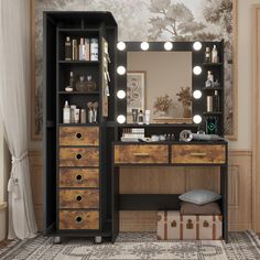 a vanity with lights and drawers in a room