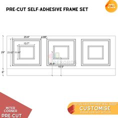 an image of a set of three framed frames with measurements for each frame and the size