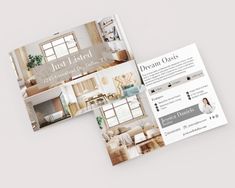 two brochures with pictures of living room furniture and interior decorating items on them