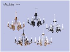 six chandeliers are shown in three different styles and colors, one is black the other is gold