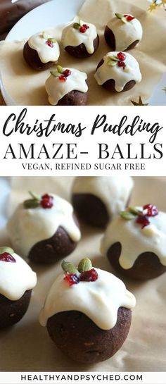 christmas puddings with white frosting and cranberries on top are shown in this collage