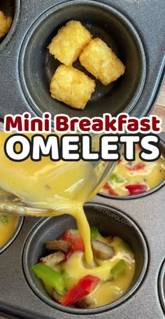 mini breakfast omelets are being poured into the muffin tins