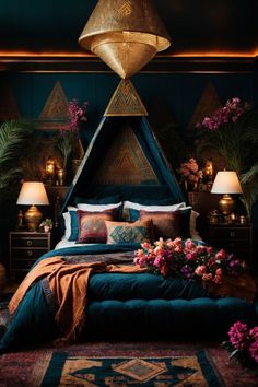 a bed with blue sheets, pillows and flowers on it in front of two lamps