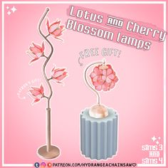 a pink poster with an image of a flower in a vase and the words lotus and cherry blossom lamps free gift