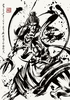 an ink drawing of a man holding two swords