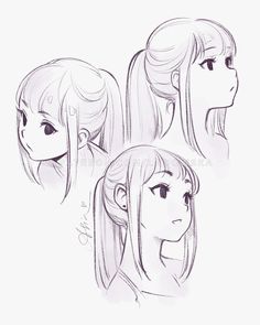 three different views of an anime character's face and head, with the same hair style