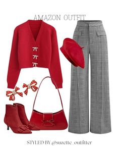 Suzette_outfitter's Amazon Page Red Trousers Outfit, Parisian Look, Easy Hairstyles For Thick Hair, Fashion Shoes Heels, Plaid Trousers, Professional Outfits Women, Red Cardigan, Van Heusen, Bow Earrings