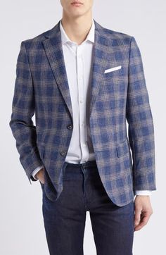 A slubbed blend of wool, cotton and linen brings relaxed versatility to a sport coat that's patterned in a pale plaid and styled for warm-weather occasions. 29" length (size 42) Notched lapels Chest welt pocket; front flap pockets Side vents Partially lined 65% virgin wool, 27% cotton, 8% linen Dry clean Made in Turkey Hugo Boss/BOSS/HUGO has received the Fair Labor Association accreditation, which signifies that the company has effective systems and procedures in place to successfully uphold fa Casual Tweed Blazer For Spring, Plaid Outerwear For Business Casual, Plaid Casual Outerwear For Business Casual, Spring Plaid Tweed Jacket With Pockets, Casual Wool Tweed Jacket For Spring, Casual Spring Wool Tweed Jacket, Casual Spring Tweed Wool Jacket, Casual Linen Blazer For Semi-formal Occasions, Casual Tailored Tweed Outerwear