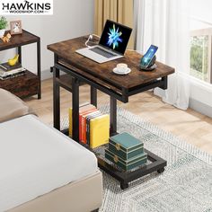 a laptop computer sitting on top of a wooden desk next to a book shelf filled with books