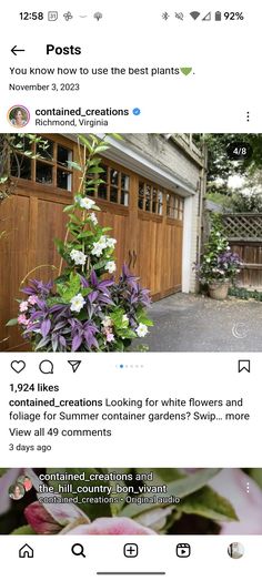 an instagram page with flowers in front of a house